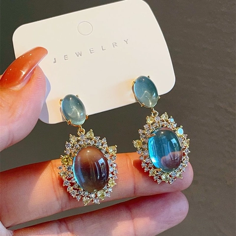 Orecchini Pendenti Eleganti Vintage Con Pietra Occhio Di Gatto Blu Zircone Lega E Perno In Argento Per Donna