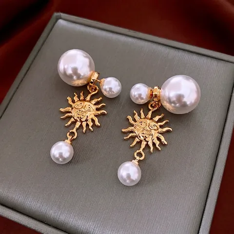 Orecchini Pendenti Con Viso Di Sole Retro Francese Con Künstliche Perle Di Imitazione Rame Placcato Oro E Perno In Argento Per Donna Gioielli