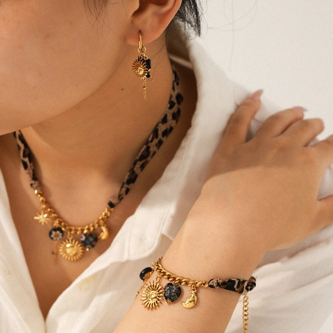 Collana Bracciale Orecchini Acciaio Inossidabile Tessuto Leopardo Ciondoli Sole Luna Stella Catena Cubana