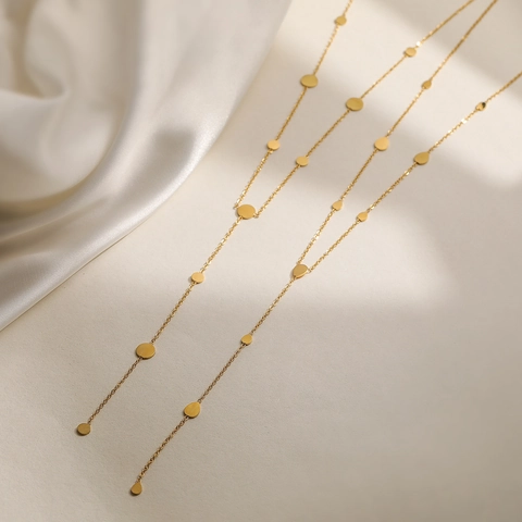 Stainless Steel Y-Necklace Gold Plated With Heart Circle Drop Charms Minimalist Tassel Clavicle Chain For Women