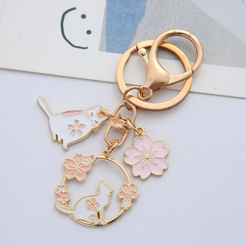 Cute Cat Rabbit Metal Keychain Enamel Cherry Blossom Sakura Pendant Bag Charm Zinc Alloy Gold Keyring Gift For Women Girls