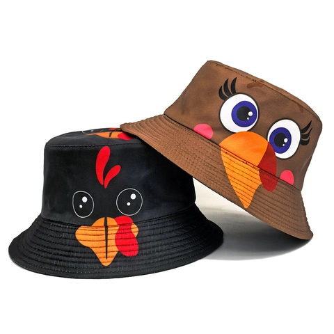 Bucket Hat Cartoon Turkey Pattern Polyester Twill Foldable Sun Protection Thanksgiving Party Novelty Unisex