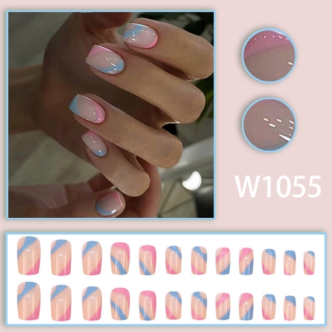 Rosa Blu Geometrico Blocco Di Colore Unghie Finte Corte Quadrate Francese Onda Design Unghie Finte Tipo Di Colla
