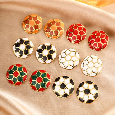 18K Gold Plated Stainless Steel Enamel Stud Earrings For Women Vintage Light Luxury Geometric Football Ear Jewelry Gift