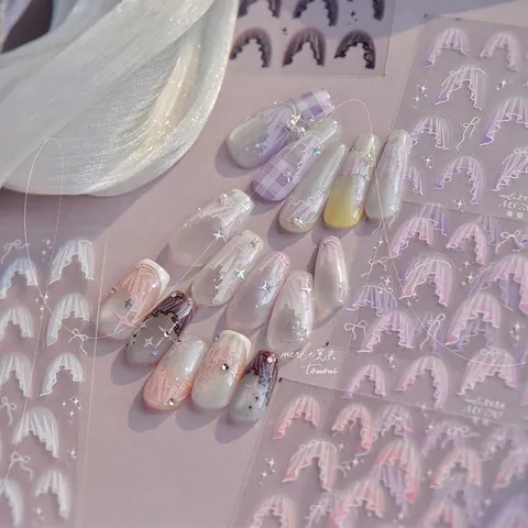 Pegatinas Para Uñas Finas Resistentes Autoadhesivas Encaje Volante Lazo Estrella Francés Romántico Estilo Japonés