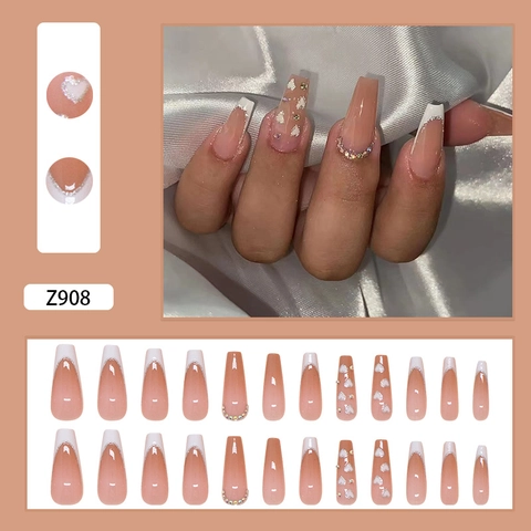 French Press On Nails Sargform Mit Strass Künstliche Perlen Herz Schimmer Abnehmbare ABS Kunststoff Falsche Nägel Für Frauen