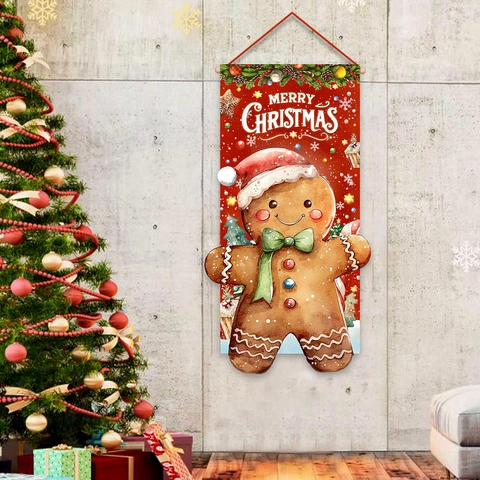 Weihnachts Lebkuchenmann Türbanner Polyester Hängende Fahne Mit Holzstange Outdoor Party Home Wand Urlaubsdekoration