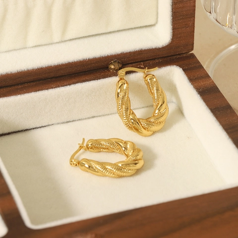 Twisted Rope Hoop Earrings Stainless Steel 18K Gold Plated C Shaped Textured Vintage Jewelry For Women