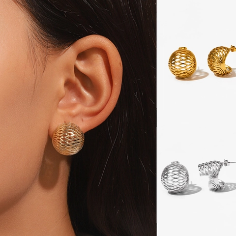 Roestvrijstalen Holle Bal Oorknopjes Geometrisch Gaasbol Ontwerp Voor Dames Minimalistische Mode Sieraden