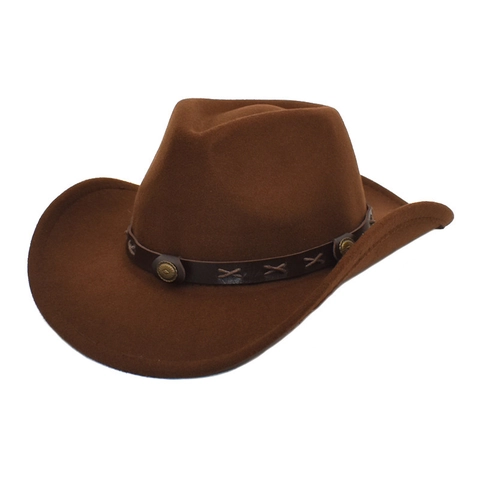 Western Cowboy Hat Wide Brim Woolen Felt Fedora With Leather Band Metal Buckles Vintage Style Unisex Accessories