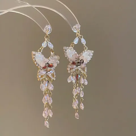 Butterfly Tassel Earrings Alloy Zircon Crystal With Silver Earring Post Long Dangle Vintage Elegant Jewelry For Women