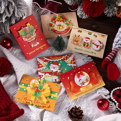 Christmas Greeting Cards 3D Pop Up Paper Cartoon Santa Claus Snowman Tree Design Holiday Gift Card For Friends Family
