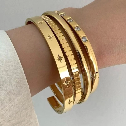 Zircon Geometric Open Bracelet Titanium Steel Gold Plated Shiny Stackable Bangle Fashion Hand Jewelry For Women