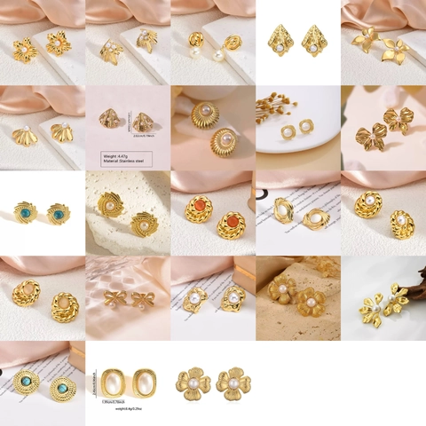 Edelstahl Künstliche Perlenohrringe Vintage Französischer Stil Edelstein Inlay Stecker Blumen Geometrischer Schmuck Für Frauen