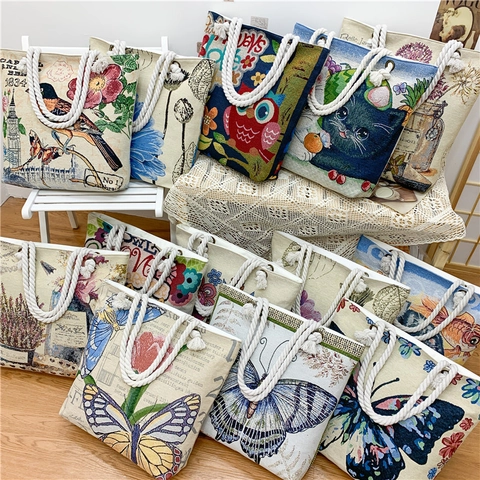Large Capacity Canvas Tote Bag Jacquard Embroidery Owl Cat Butterfly Pattern Ethnic Shoulder Handbag Rope Handle