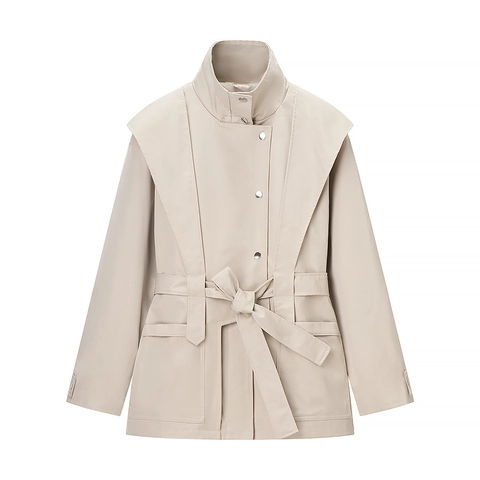 Damen Elegant Französisch Stil Trenchcoat Mittellang Stehkragen Taillengürtel Polyester Oberbekleidung Jacke Mit Druckknopf