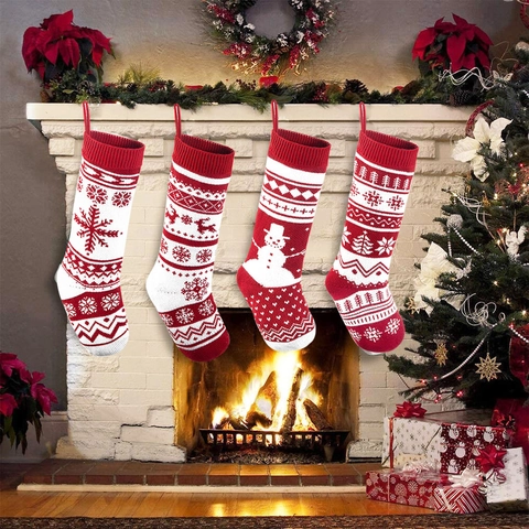Large Knitted Christmas Stocking Gift Bag Red White Nordic Jacquard Snowflake Reindeer Snowman Ornament Party Decor