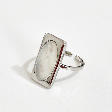 925 Sterling Silver Ring With Oval Mother Of Artificial Pearl Shell Inlay Minimalist Geometric Adjustable Opening Jewelry For Women