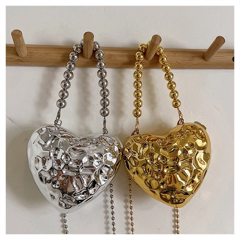 Heart Shaped Evening Bag Metal Texture Hammered Pattern Beaded Handle Chain Strap Crossbody Clutch For Women