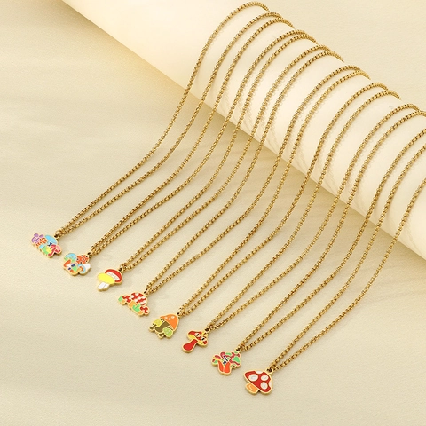 Enamel Mushroom Pendant Necklace Stainless Steel Colorful Dainty Cartoon Jewelry Gift For Women Girls