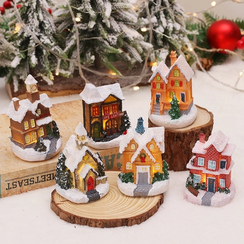 Luminous Christmas Village Snow House Resin Miniature LED Ornament European Style Holiday Home Window Party Decoration