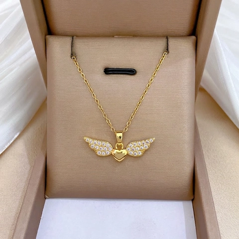 Hart Engel Vleugels Hanger Ketting Titanium Roestvrijstalen Ketting Koper Micro Ingelegd Zirkoon Luxe Sprankelende Sieraden