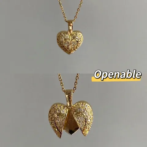 Heart Pendant Necklace Openable Locket Copper Real Gold Plated Zircon Titanium Steel Chain Shiny Elegant For Women Jewelry