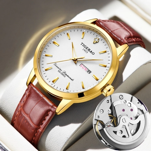 Men Quartz Watch Leather Strap Stainless Steel Waterproof Luminous Day Date Luxury Business Wristwatch