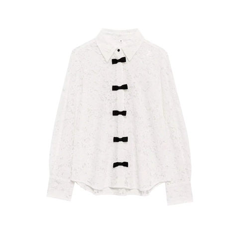 Dames Kant Blouse Overhemdkraag Lange Mouwen Opengewerkt Zwarte Strikken Vooraan Elegant Mode Zoet Casual Tops
