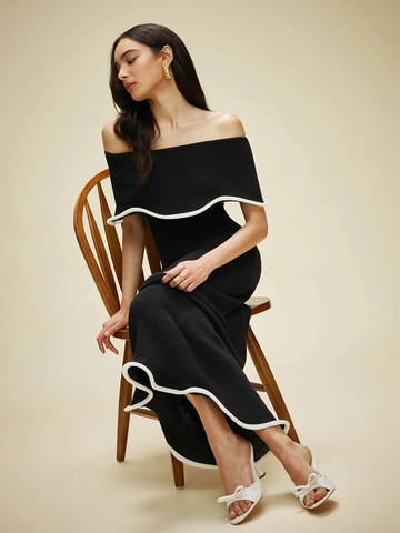 Off-shoulder Gebreide Maxi Jurk Contrast Bies Bodycon Slim Fit Mouwloos Ruches Elegante Lange Jurk Voor Dames