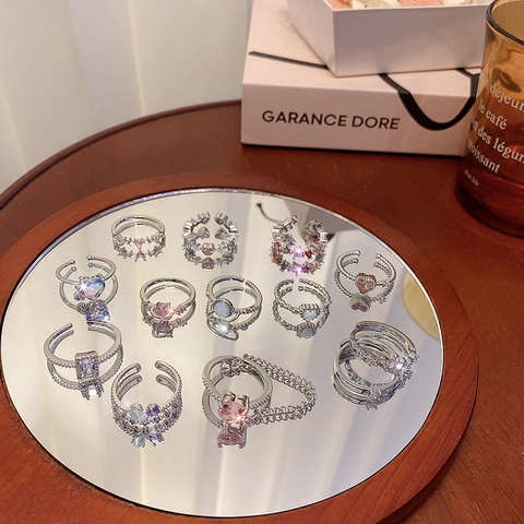 Exquisiter Zirkon Verstellbarer Offener Ring Für Damen Kupfer Metall Beschichtet Herz Schmetterling Design Schmuck