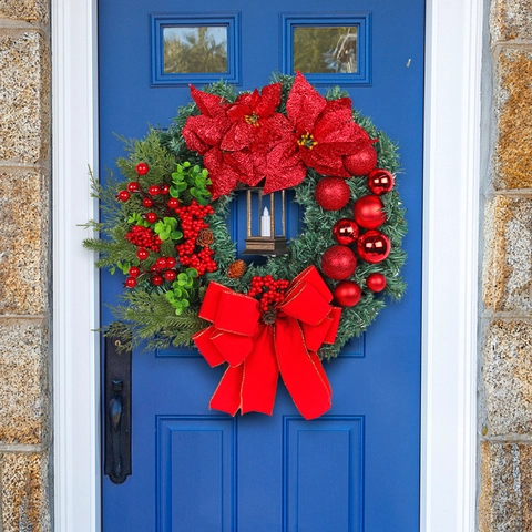 Ghirlanda Di Natale Con Lanterna LED Fiori Di Poinsettia Rossi Bacche Pigne Per Decorazione Porta Ingresso Parete