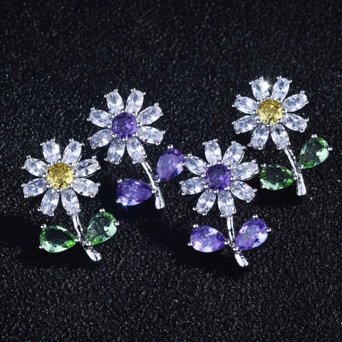 Daisy Sunflower Flower Stud Earrings Copper With Cubic Zirconia Inlay Sweet Fresh Floral Style Women Accessories