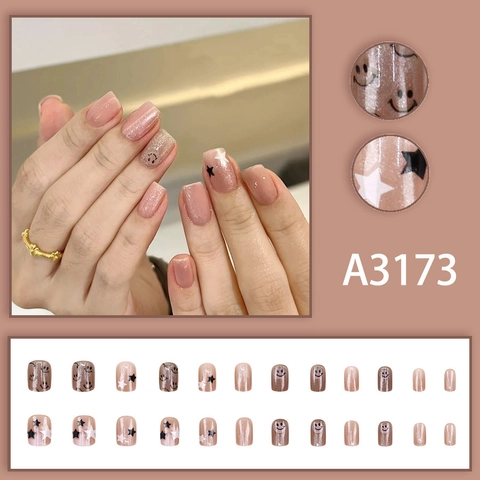 Press On Nails Pink Brown Artificial Pearl Shimmer Artificial Fingernails Short Square Star And Smile Pattern For Women Girls Daily