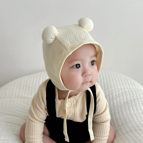 Baby Knit Hat With Bear Ears Waffle Texture Chin Strap Warm Soft Cotton Blend Beanie For Newborn Toddler Cute Windproof