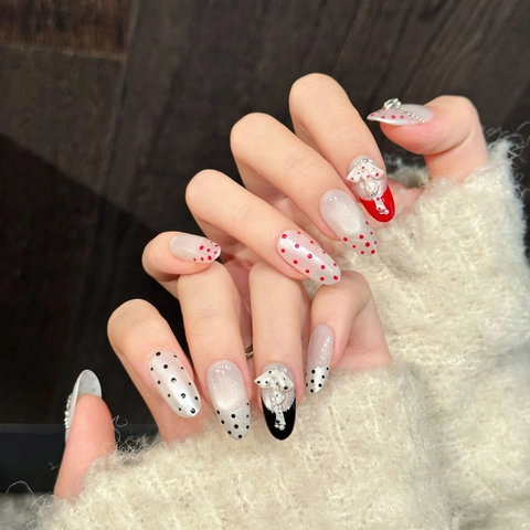 Handmade Press On Nails Polka Dot 3D Bow Rhinestone Artificial Pearl Gradient Long Almond Shape Sweet Retro Style For Women