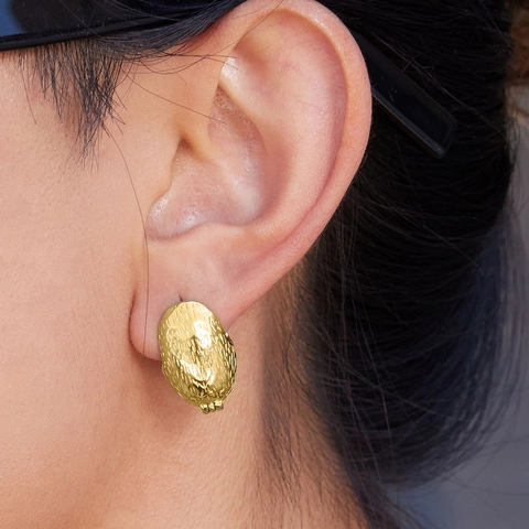 Vintage Hammered Oval Earrings Stainless Steel 14K Gold Plated French Style Retro Geometric Jewelry For Women Hypoallergenic