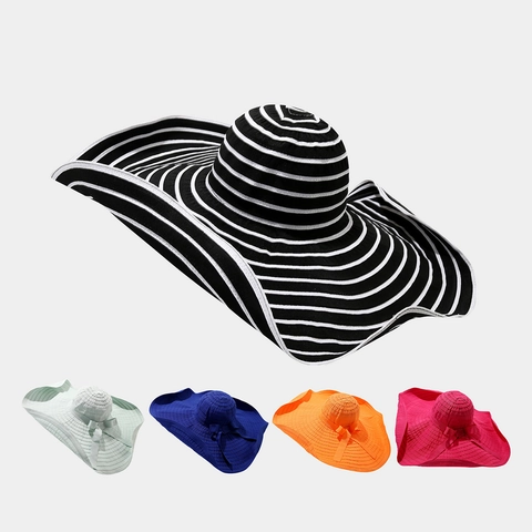 Women Wide Brim Sun Hat Foldable Bow Decoration Contrast Stripe Summer Beach Elegant Polyester Bucket Hat