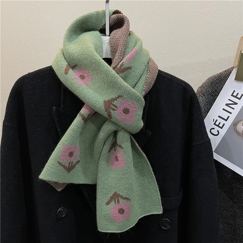 Écharpe En Tricot Floral Femmes Hiver Chaud Épaissie Jacquard De Fleurs Cache-Cou Style Coréen Rétro Doux
