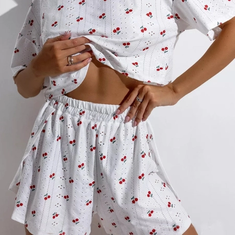 Damen Pyjama Rundhals Kurzarm Oberteil Und Shorts Eyelet Hohl Bestickt Atmungsaktiv Kirsche Herz Print Loungewear