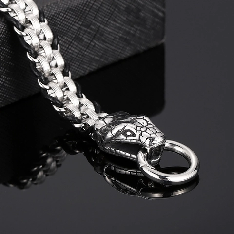 Men Stainless Steel And Cowhide Leather Braided Bracelet With Animal Head Lion Snake Dragon Skull Punk Vintage Jewelry