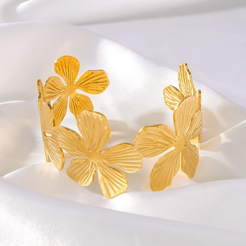 Bracciale A Petali Di Fiori Placcato Oro 18K Acciaio Inossidabile Polsino Aperto Gioielli Eleganti Per Donne