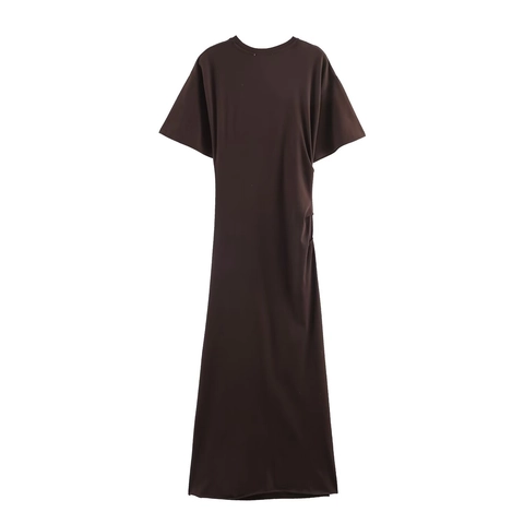 Koffiebruine Maxi Jurk Met Zijwaartse Plooi Elastisch Polyester Gebreid Korte Mouwen Ronde Hals Slim Fit Sexy Vrouwen