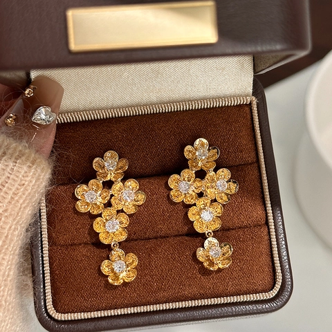 Vintage Flower Drop Earrings Alloy Brushed Gold With Zircon Inlay And Silver Earring Post For Women Elegant Jewelry