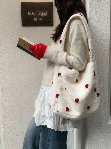 Borsa A Spalla In Peluche Da Donna Tote In Ecopelliccia Di Agnello Grande Capacità Invernale Floreale Cuore Casual