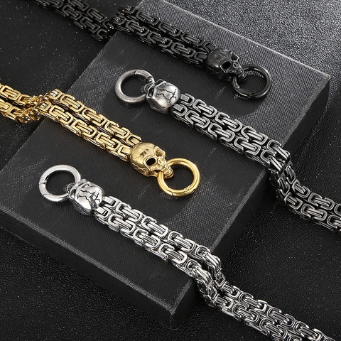 Bracelet Tête De Mort En Acier Inoxydable Pour Hommes Punk Chaîne Byzantine Roi Double Bijoux Gothiques