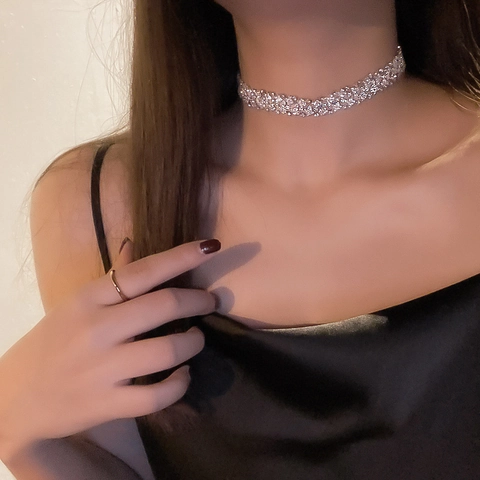 Sparkling Rhinestone Choker Necklace Geometric Copper Crystal Statement Necklaces For Women Party Wedding Fashion Jewelry