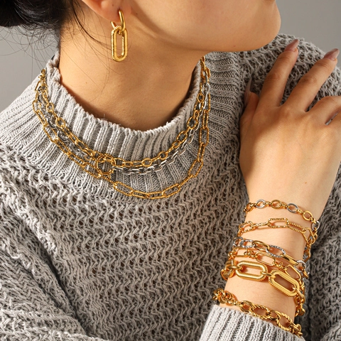 Stainless Steel Chain Necklace And Bracelet For Women Mixed Gold Silver Color Minimalist Geometric Link Jewelry