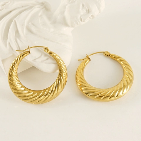 Pendientes de Aro Vintage de Acero Inoxidable con Textura de Espiral Bañados en Oro de 18K Joyas Redondas para Mujer