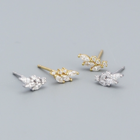 925 Sterling Silver Stud Earrings With Zircon Flower Leaf Cluster Marquise Round Cut Elegant Minimalist Jewelry For Women